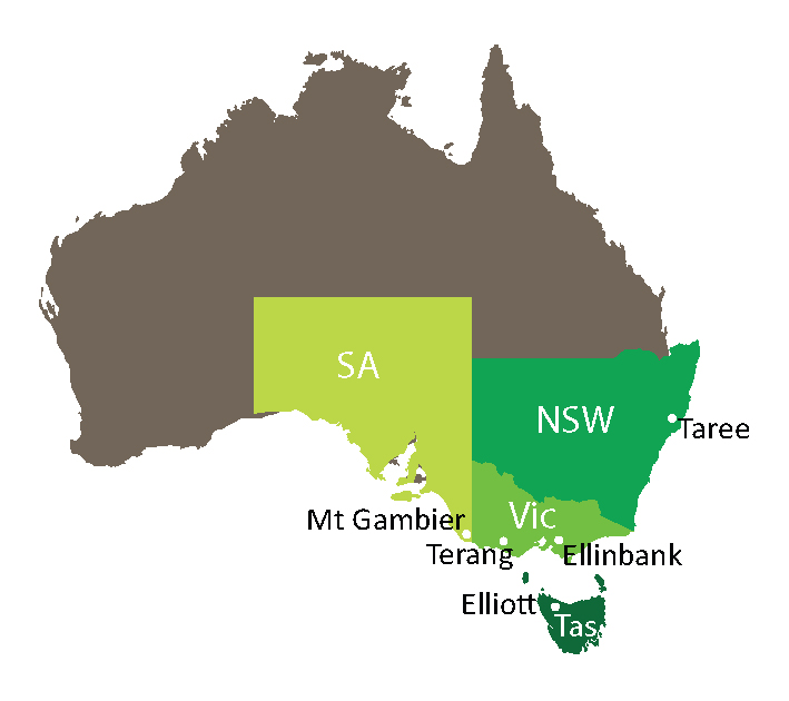 Map of Australia, with NSW, SA, VIC and TAS highlighted to show project locations.