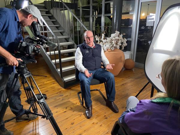 Ian Taylor being interviewed by ABC Landline's Pip Courtney