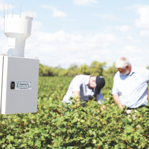 Inspecting a cotton field with a Goanna Ag station in the foreground