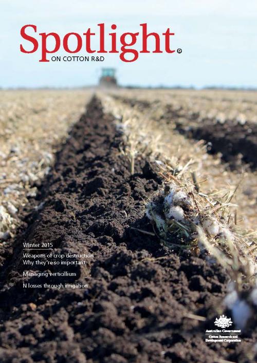 Cover of Spotlight Magazine - Winter 2015. Close up shot of a cotton paddock after pupae busting, showing rich dark soil and cotton mulch. 