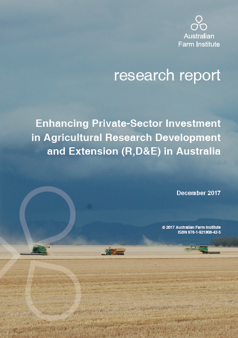 Cover of Enhancing Private-Sector Investment in Agricultural RD&E. Wheat harvest with three headers in a wheat field, with a stormy dark sky in the background.