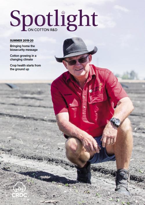 A cotton grower in a hat kneeling in a cotton paddock.