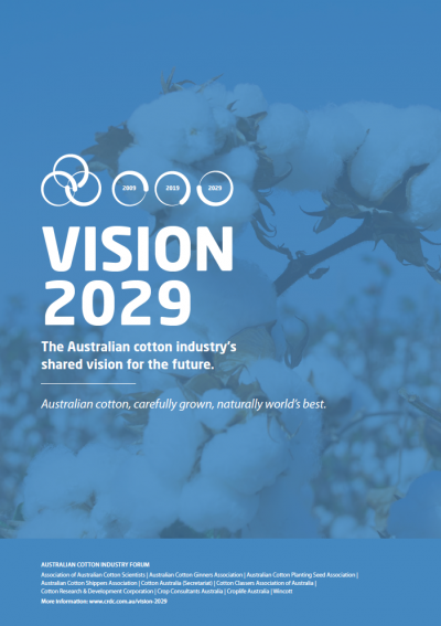 Cover of the Vision 2029 report. A close up of open white cotton bolls in a cotton paddock, overlayed by the Vision 2029 wording. 