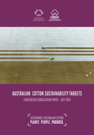 Cover of the Australian Cotton Sustainability Targets - consultation paper. An aerial shot of cotton harvest, taken from a drone. The image shows two cotton pickers in a field, with rows of both picked and unpicked cotton.
